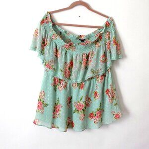 Torrid Swiss Dot off Shoulder Top Size 3X Floral Print Green
